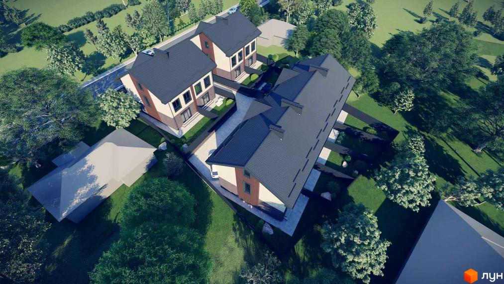 Котеджне містечко КМ Р 44: вид зверху на двоповерхові будинки з темними дахами та прибудинкову територію з деревами та газоном.