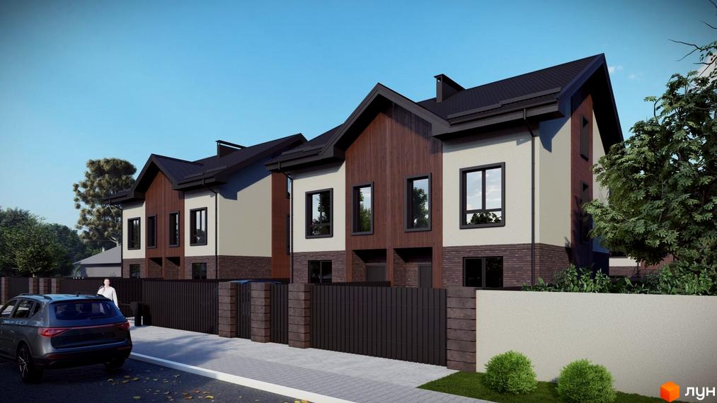 Зовнішній вигляд котеджного містечка КМ Р 44 з парканом та автомобілем на подвір'ї. Сучасна архітектура новобудови з дерев'яними та цегляними елементами.