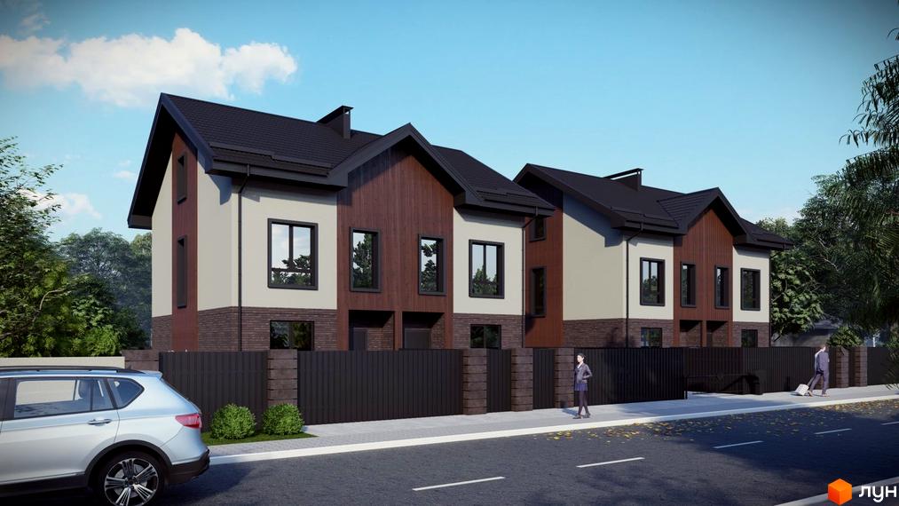 Котеджне містечко КМ Р 44. Зовнішній вигляд двоповерхових будинків з темним дахом та дерев'яним оздобленням фасаду, огороджена територія з парканом та тротуаром.