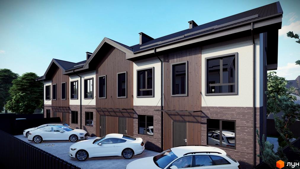 Котеджне містечко КМ Р 44: фасади будинків з дерев'яними та цегляними елементами, вікна з темними рамами, прибудинкова територія з білими автомобілями.