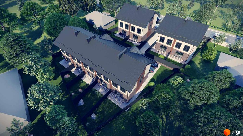 Котеджне містечко КМ Р 44: триповерхові будинки з темним дахом та цегляними фасадами, оточені зеленню та доглянутою прибудинковою територією.