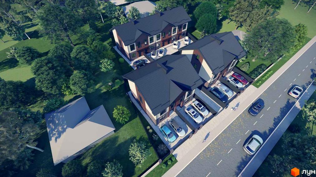 Котеджне містечко КМ Р 44 - це сучасна житлова забудова з індивідуальними будинками та доглянутою прибудинковою територією. На зображенні представлені акуратні будинки з темними дахами та припаркованими автомобілями.