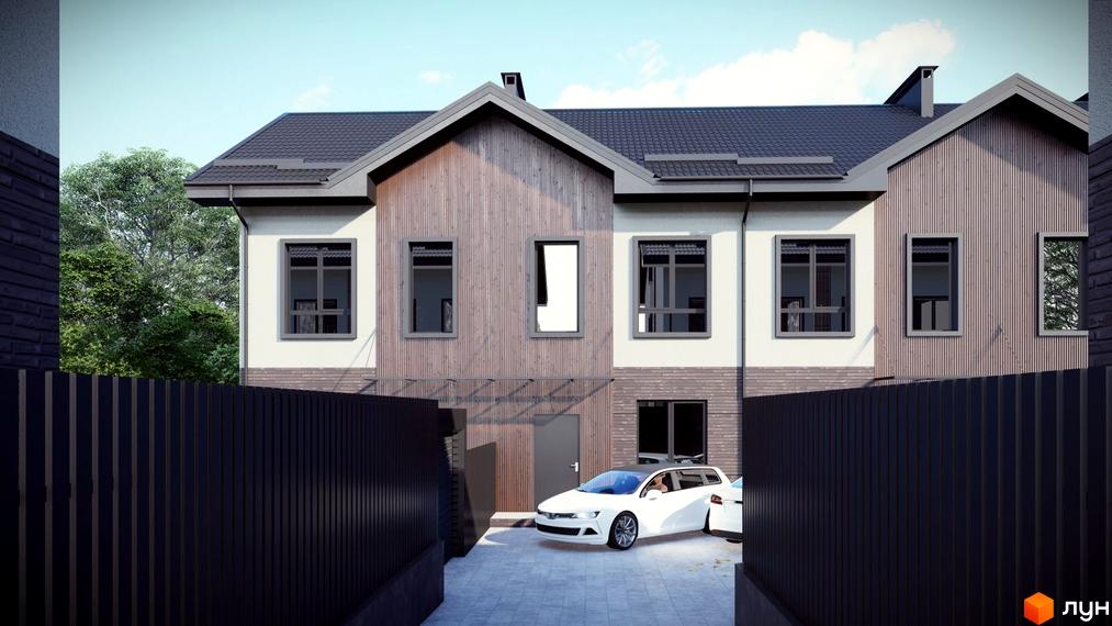 Котеджне містечко КМ 44: фасад будинку з дерев'яними елементами та цегляною кладкою, прибудинкова територія з білим автомобілем.
