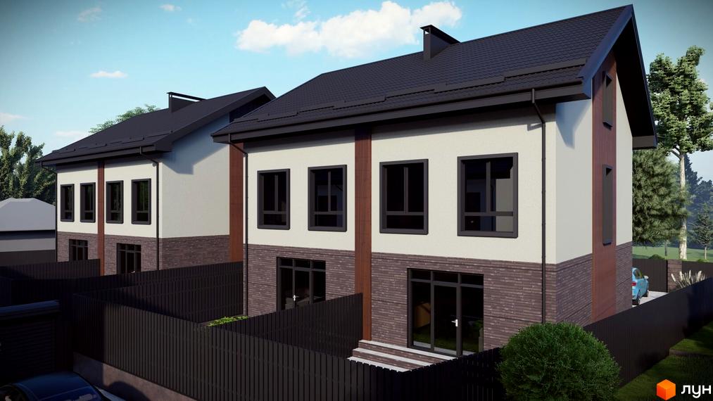 Зовнішній вигляд котеджного містечка КМ Р 44 з цегляним фасадом та чорним парканом. На території є зелені насадження та паркувальне місце.