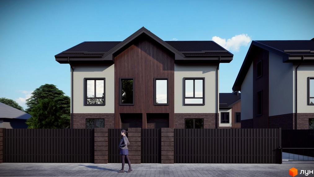 Котеджне містечко КМ Р 44 - двоповерхові будинки з темним дахом та дерев'яними фасадами, огороджені парканом. Навколо зелені дерева та блакитне небо.