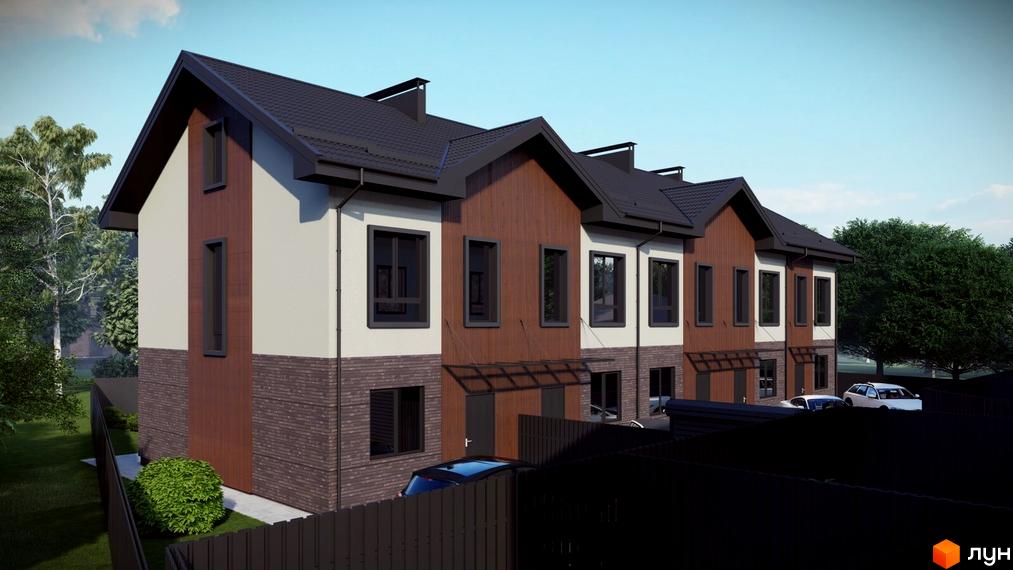 Котеджне містечко КМ Р 44 - це сучасні таунхауси з коричневою та білою обробкою, темними вікнами та дахом, розташовані на доглянутій прибудинковій території з зеленими насадженнями та парковкою.