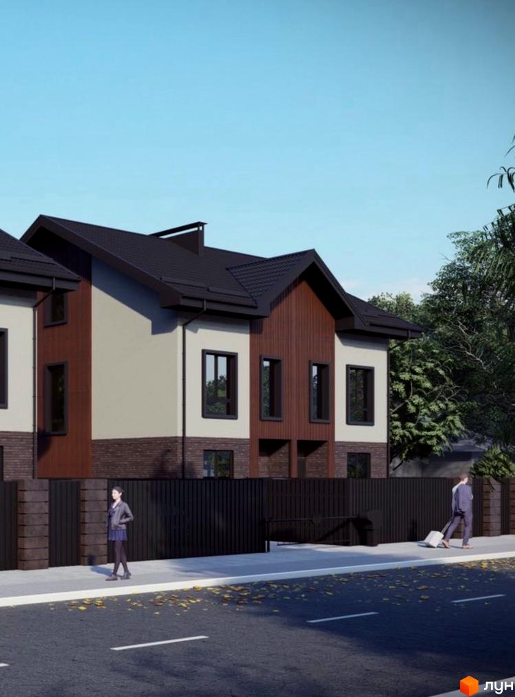 Котеджне містечко КМ Р 44. Зовнішній вигляд двоповерхових будинків з коричневим та бежевим фасадом, чорним дахом та парканом. На території видно тротуар, дорогу та дерева.