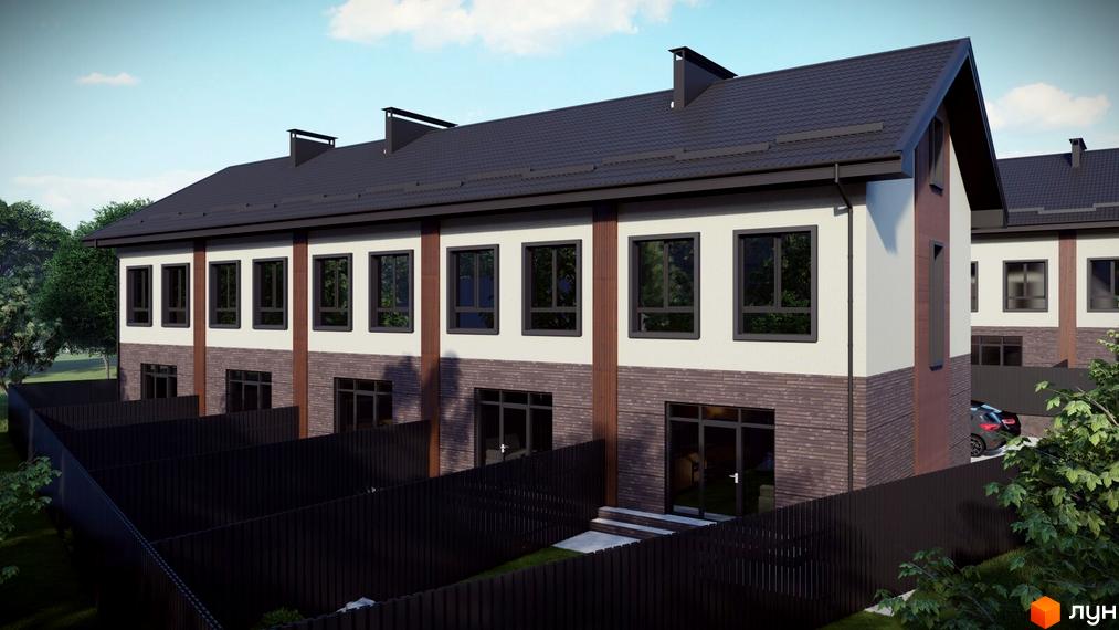 Котеджне містечко КМ Р 44. Зовнішній вигляд двоповерхових будинків з цегляним та білим фасадом, темним дахом та чорним парканом.