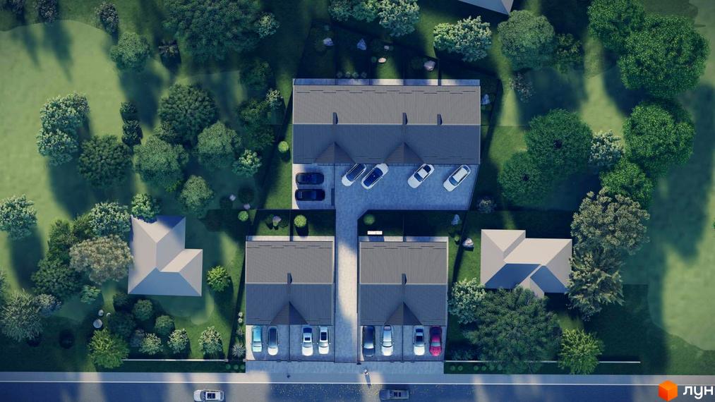 Котеджне містечко КМ Р 44. Аерофотозйомка котеджів з прибудинковою територією та зеленими насадженнями.