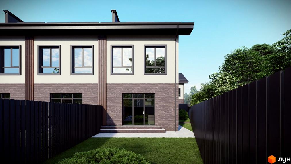 Котеджне містечко КМ Р 44: двоповерхові будинки з цегляним оздобленням нижнього поверху та великими вікнами, огороджені темним парканом. Прибудинкова територія з газоном та деревами.