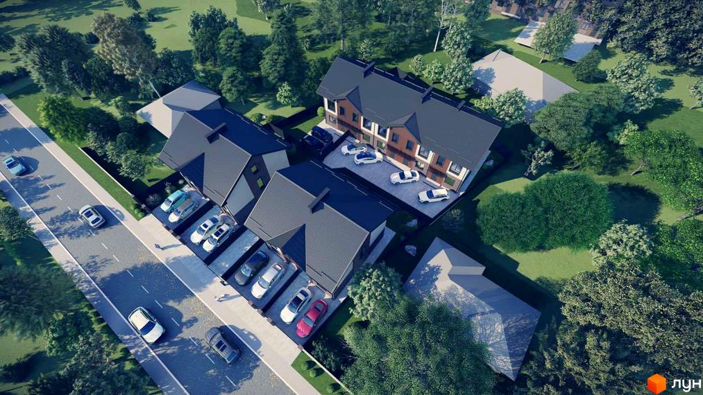 Вид згори на котеджне містечко КМ Р 44 з сучасними будинками та прибудинковою територією з паркуванням та зеленню.