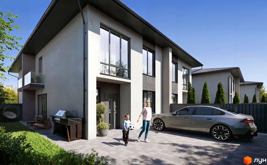 Котеджне містечко КМ WEST TOWN XIV: двоповерхові будинки з великими вікнами та сірим фасадом, прибудинкова територія з автомобілем та дитиною з м'ячем.
