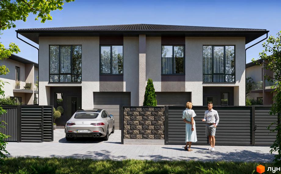 Котеджне містечко WEST TOWN XIV: двоповерхові будинки з гаражами, великими вікнами та сучасними парканами. Прибудинкова територія з доглянутим газоном та автомобілем.