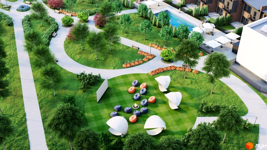 Житловий комплекс PARK AVENUE з зеленою зоною відпочинку, басейном та зонами для дозвілля. Огляд території новобудови.