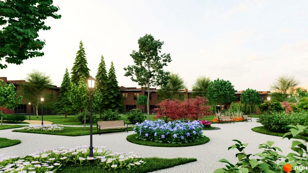 Житловий комплекс PARK AVENUE. Зелена прибудинкова територія з квітами, деревами та місцями для відпочинку.