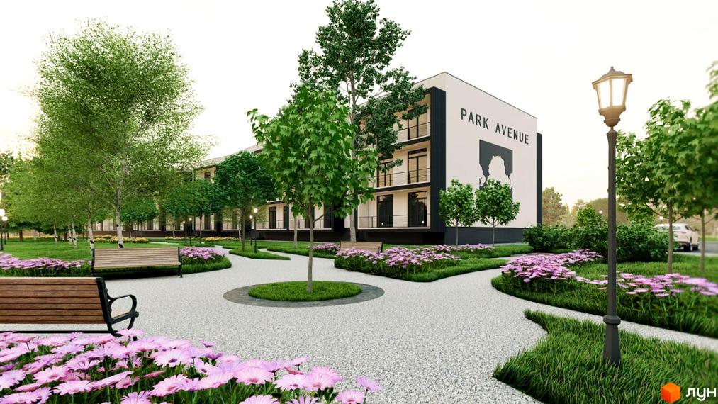 Новобудова PARK AVENUE з білим фасадом та балконами, оточена зеленою зоною з квітами та лавками.