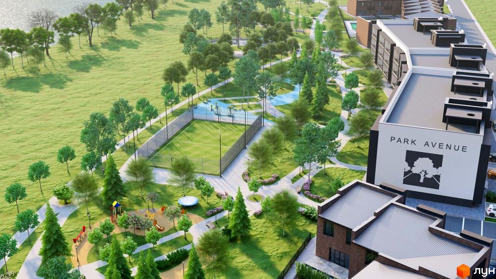 Житловий комплекс PARK AVENUE з фасадом, на якому видно назву, та зеленою прибудинковою територією з дитячим майданчиком та спортивними зонами.
