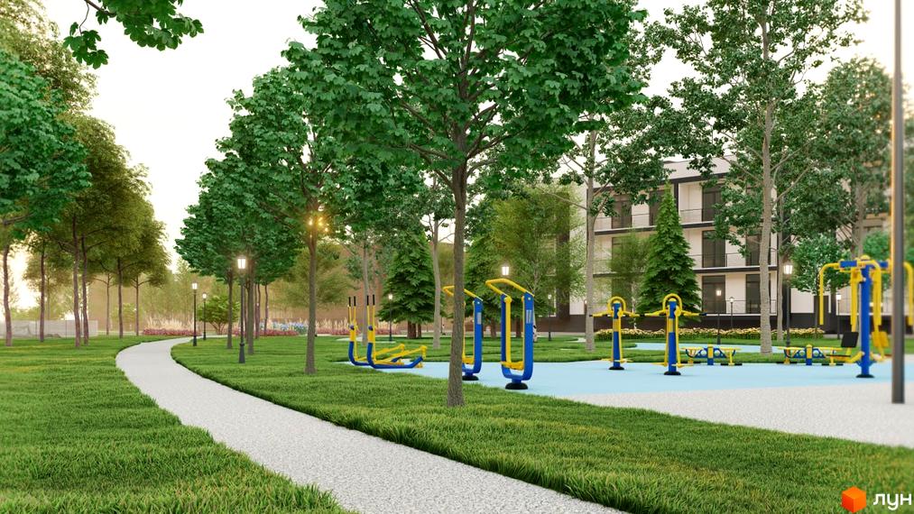 Житловий комплекс PARK AVENUE: сучасний житловий будинок з балконами та прибудинковою територією зі спортивним майданчиком та алеєю.