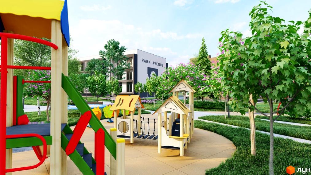 Житловий комплекс PARK AVENUE з дитячим майданчиком та зеленими зонами. Сучасна архітектура та доглянута прибудинкова територія.