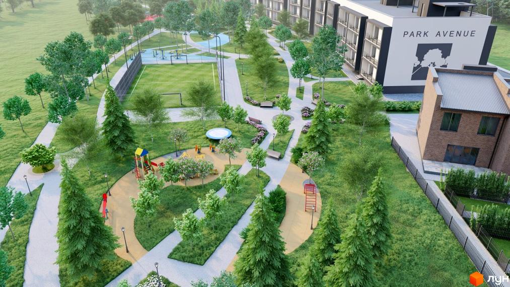 Новобудова PARK AVENUE з багатоповерховими будинками та прибудинковою територією з дитячими майданчиками та зонами відпочинку.