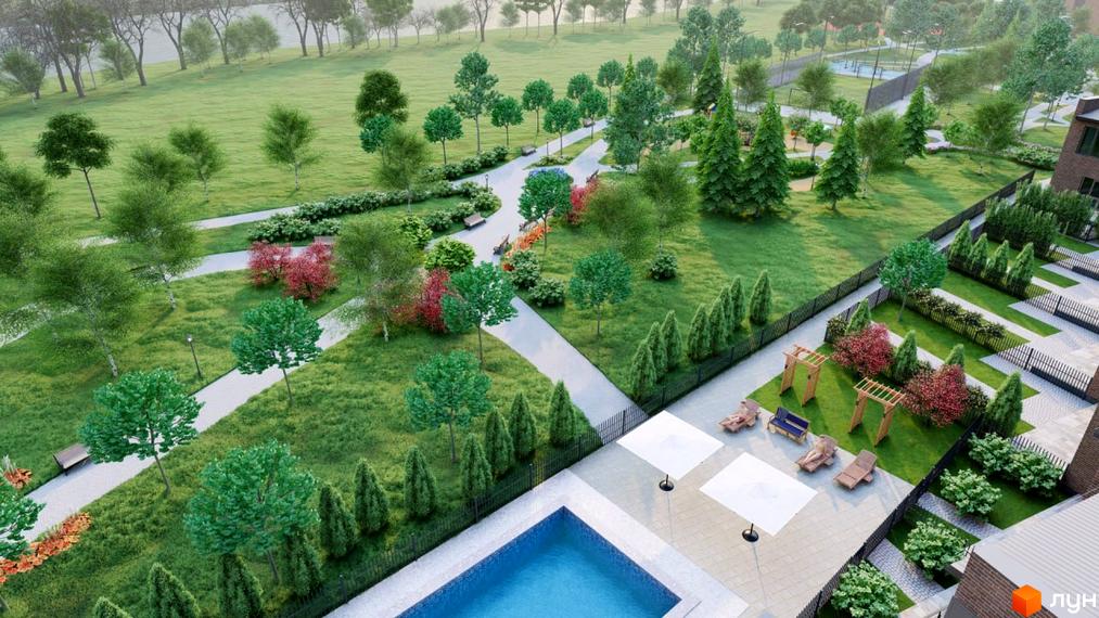 Житловий комплекс PARK AVENUE з басейном, зонами відпочинку та зеленими насадженнями. На території комплексу розташовані доріжки для прогулянок, лавки та дитячий майданчик.