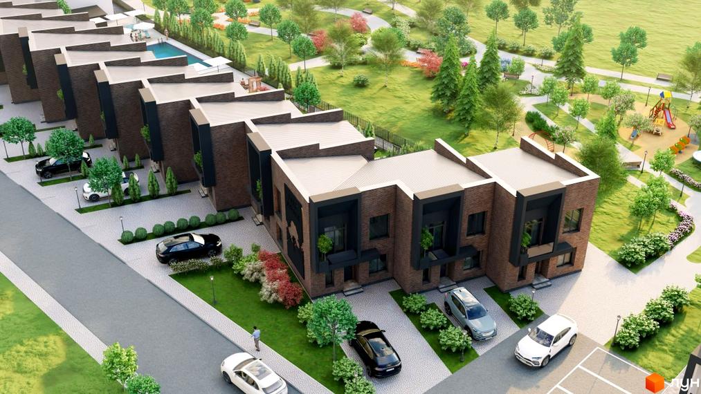 Таунхауси PARK AVENUE з цегляним фасадом та великими вікнами, розташовані біля зеленої зони з дитячим майданчиком та басейном.