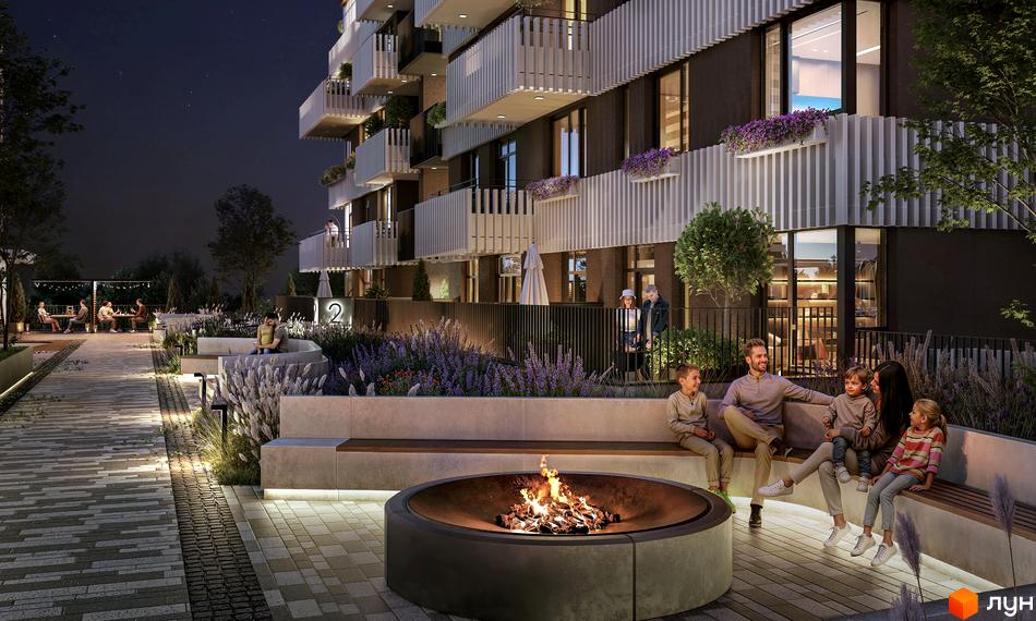 Житловий комплекс TWINS з балконами та квітами на фасаді, а також затишна прибудинкова територія з місцем для відпочинку біля вогнища.