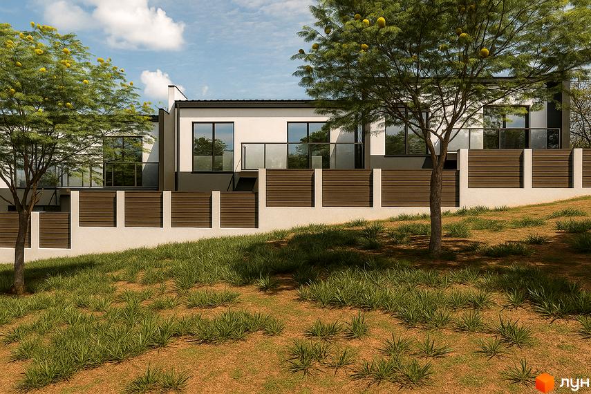 Таунхауси KVARTA: двоповерхові будинки з великими вікнами та дерев'яним парканом на тлі зеленого схилу з травою та деревами.