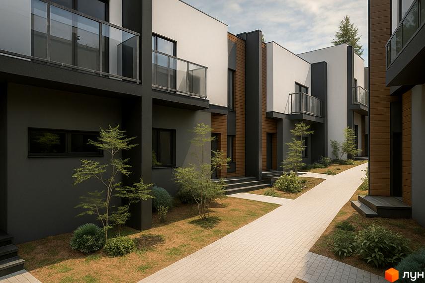 Таунхауси KVARTA – це сучасні будинки з скляними балконами та дерев'яними елементами фасаду. Прибудинкова територія облаштована бруківкою та зеленими насадженнями.