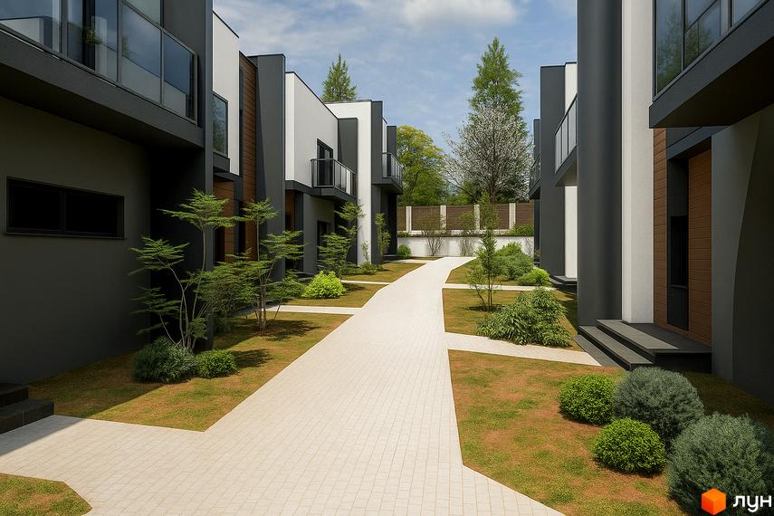 Таунхауси KVARTA з сірими та білими фасадами, дерев'яними вставками та скляними балконами. Прибудинкова територія з бруківкою та зеленими насадженнями.