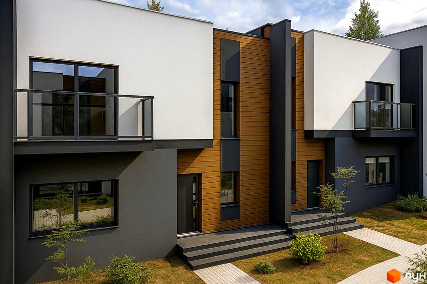 Таунхауси KVARTA з білими та дерев'яними фасадами, скляними балконами та доглянутою прибудинковою територією з газоном та доріжками.