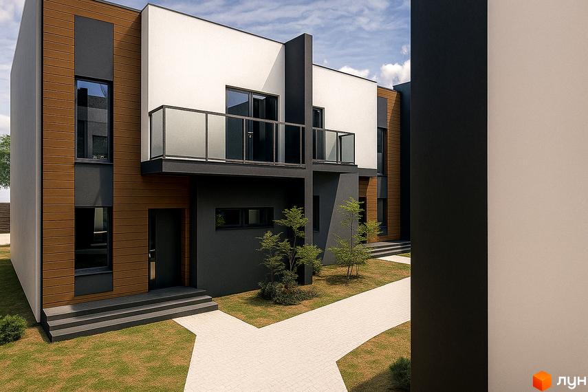 Таунхауси KVARTA. Зовнішній вигляд будинку з дерев'яними та сірими фасадами, скляним балконом та доріжкою на прибудинковій території.