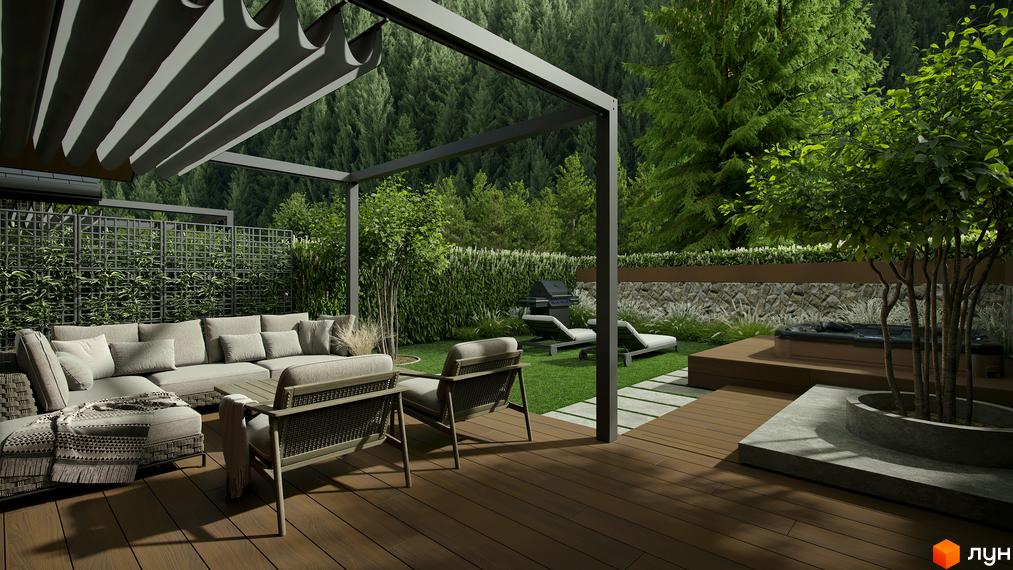 Таунхауси Green Rest: затишна тераса з диваном, кріслами та джакузі, оточена зеленню та лісом. Ідеальне місце для відпочинку на свіжому повітрі.