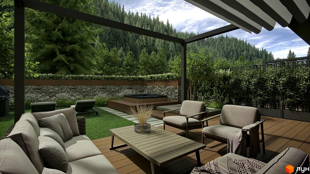 Таунхауси Green Rest: затишна тераса з диваном, кріслами та кавовим столиком на фоні лісу та джакузі. Відкритий простір для відпочинку.
