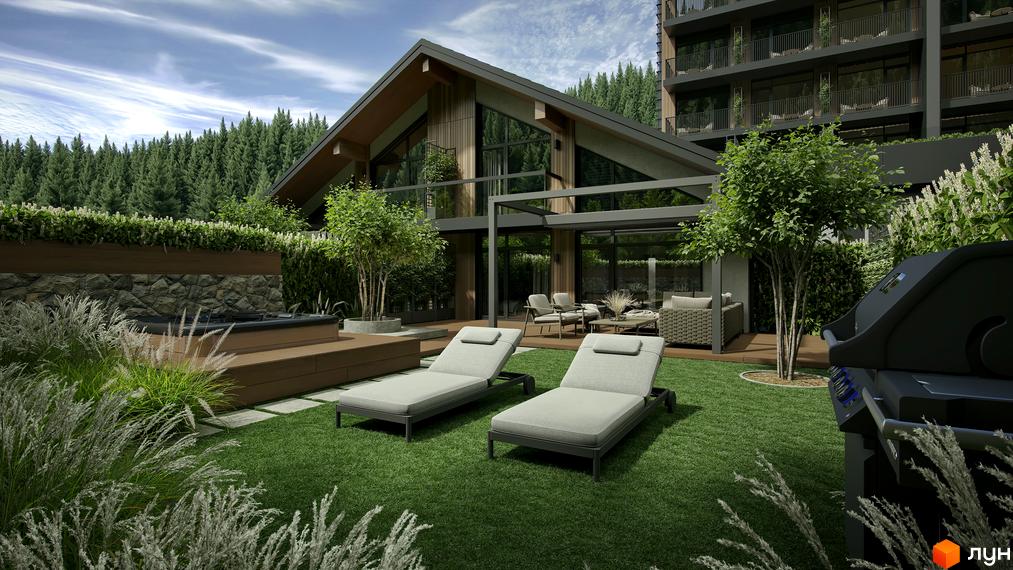 Таунхауси Green Rest: сучасний будинок з панорамними вікнами та зоною відпочинку з шезлонгами та грилем. Навколо зелені дерева та густі ліси.