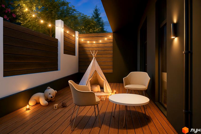 Таунхауси KVARTA: затишна тераса з дитячим куточком, плетеними кріслами та кавовим столиком, прикрашена гірляндою та свічками.