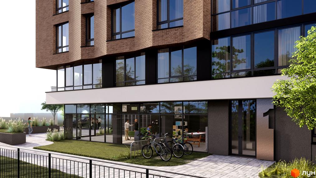 Зовнішній вигляд новобудови ЖК Поділля з цегляним фасадом та великими вікнами. Прибудинкова територія з зеленими насадженнями та велосипедами.