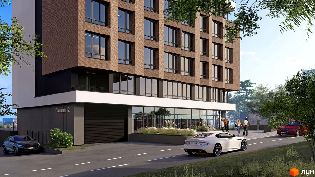 Зовнішній вигляд житлового комплексу Поділля з цегляним фасадом та великими вікнами. На прибудинковій території видно автомобілі та зелені насадження.