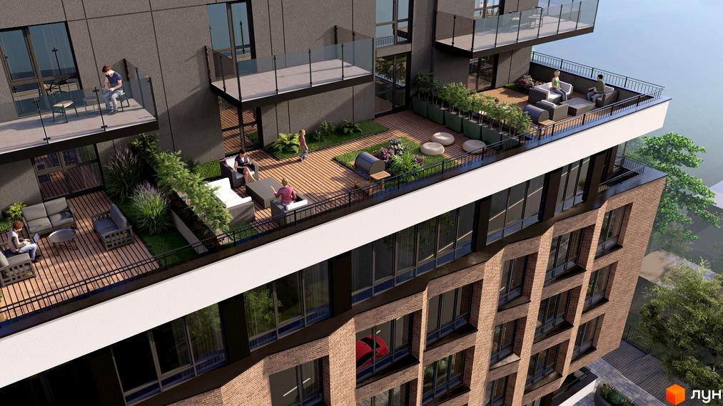 Зовнішній вигляд новобудови ЖК Поділля з терасами та зонами відпочинку. На терасах розташовані меблі, зелені насадження та місця для барбекю.