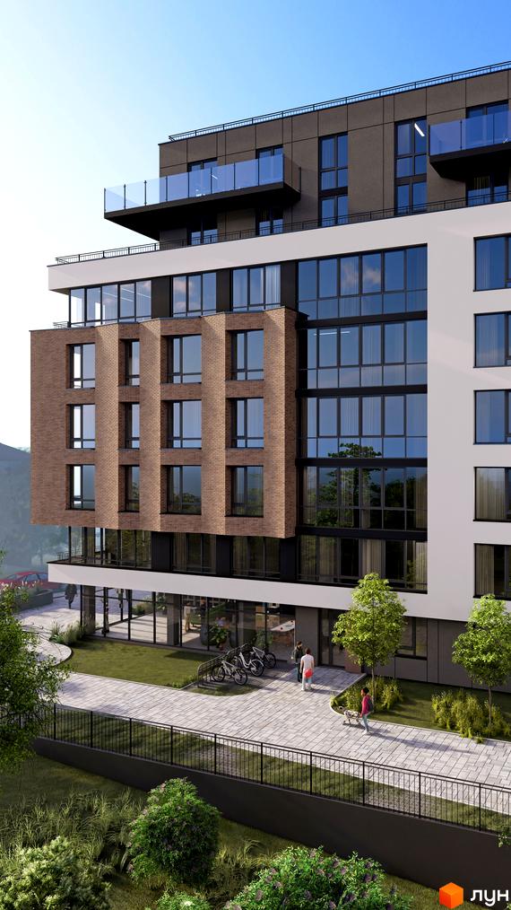 Житловий комплекс Поділля: фасади з цегли та скла, скляні балкони, прибудинкова територія з доріжками, деревами та людьми.