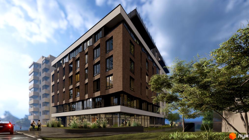 Житловий комплекс Поділля - це сучасна новобудова з цегляним фасадом та великими вікнами. На прибудинковій території розташовані дерева та зелені насадження.