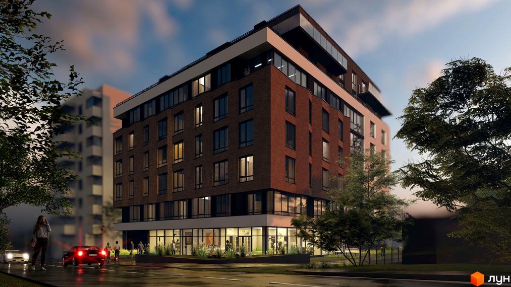 Зовнішній вигляд цегляної новобудови ЖК Поділля з великими вікнами та прибудинковою територією з деревами та людьми. Огляд житлового комплексу.