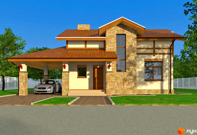 Котеджне містечко Королівський сад: двоповерховий будинок з коричневим черепичним дахом, кам'яним та світлим фасадом, навісом для авто та зеленим подвір'ям.