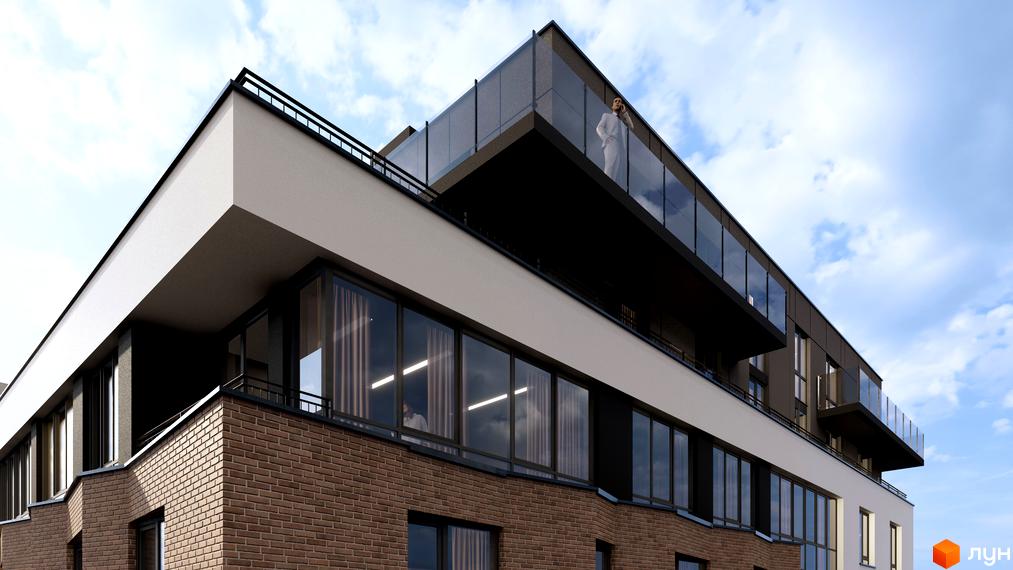 Зовнішній вигляд новобудови ЖК Поділля з цегляним фасадом та скляними балконами. Сучасний дизайн будівлі.