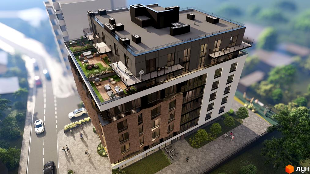 Житловий комплекс Поділля з цегляним фасадом та терасами з зонами відпочинку. Навколо будинку облаштована прибудинкова територія з доріжками та зеленими насадженнями.