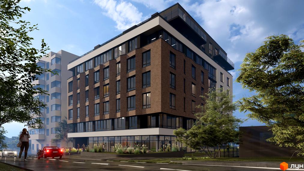 Будинок житлового комплексу Поділля з цегляним фасадом та великими вікнами, розташований біля дороги з деревами та людьми.