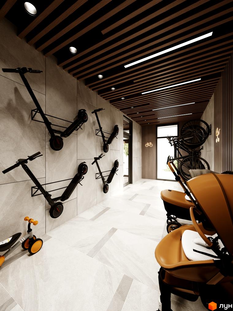 Комплекс Kaiser Forest: зручне зберігання самокатів та велосипедів на стінах, дитячий транспорт та коляски на підлозі.