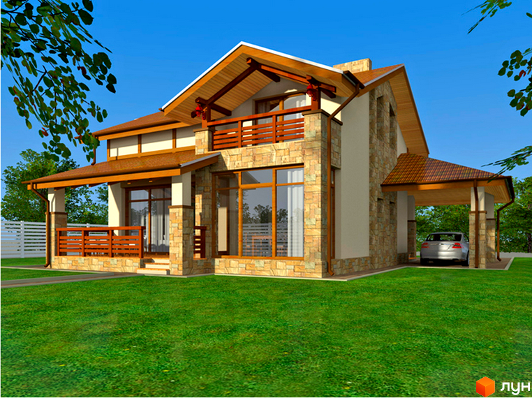 Зовнішній вигляд будинку в Котеджному містечку Королівський сад: кам'яний фасад, дерев'яні балкони та навіс для машини на доглянутому газоні.