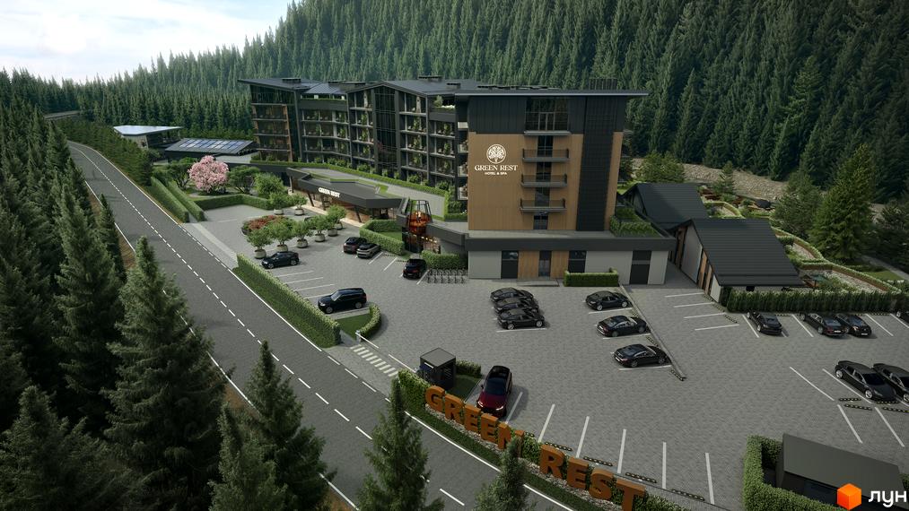Зовнішній вигляд готелю Green Rest Hotel & Spa, розташованого серед лісу, з парковкою та дорогою. Оточений зеленню та деревами.