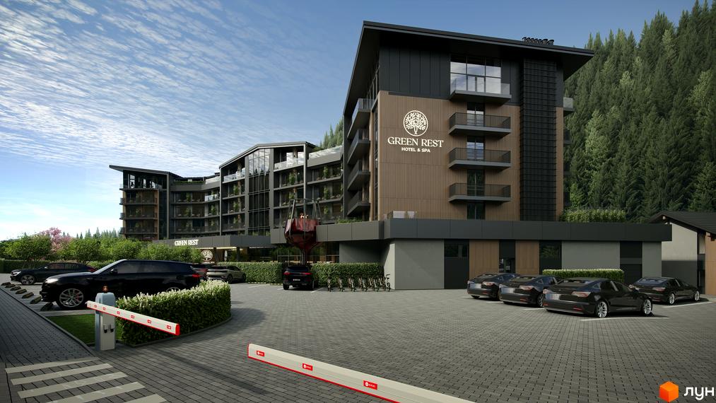 Будівельний проєкт Green Rest з елегантним дизайном, парковка з автомобілями та зелені насадження навколо.